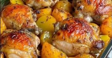 Cuisses de poulet dorées au four, servies sur lit de pommes de terre rôties, décorées de persil frais et quartiers de citron.