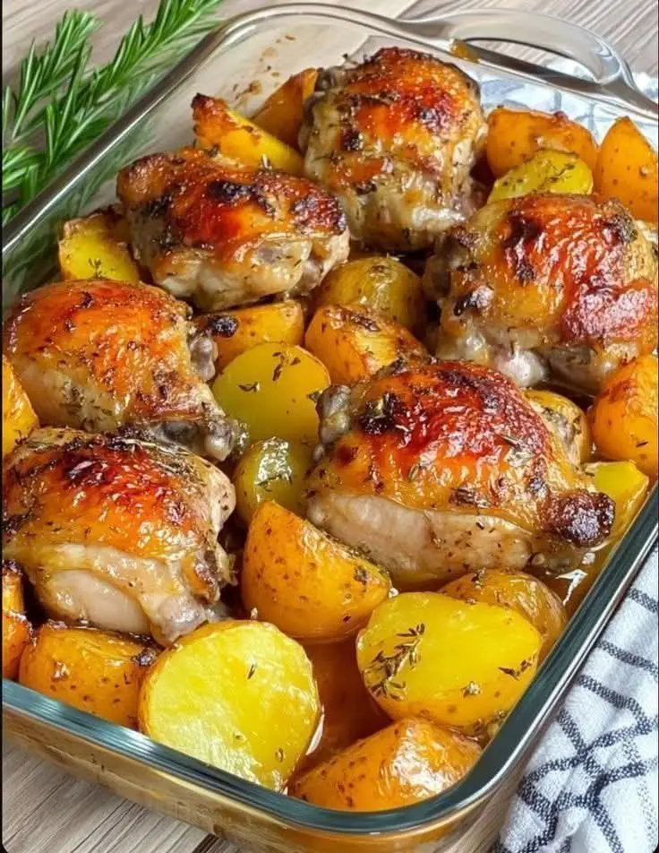 Cuisses de poulet dorées au four, servies sur lit de pommes de terre rôties, décorées de persil frais et quartiers de citron.
