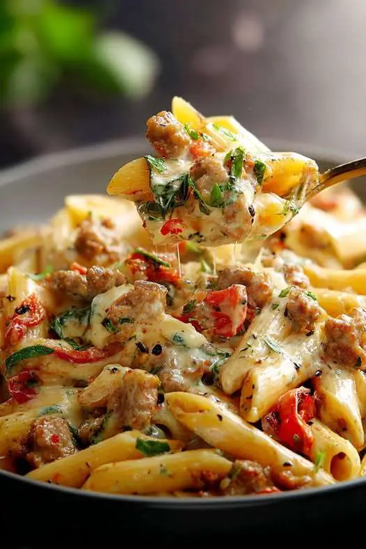 Assiette de pâtes penne nappées de sauce crémeuse à la viande hachée, gratinées au fromage fondant, décorées de basilic frais.