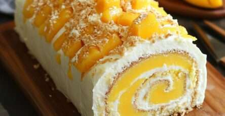 Gâteau roulé à la mangue tranché, garni de crème à la mangue, décoré de lamelles de mangue fraîche et de feuilles de menthe sur une assiette blanche.
