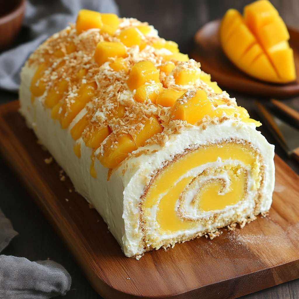 Gâteau roulé à la mangue tranché, garni de crème à la mangue, décoré de lamelles de mangue fraîche et de feuilles de menthe sur une assiette blanche.