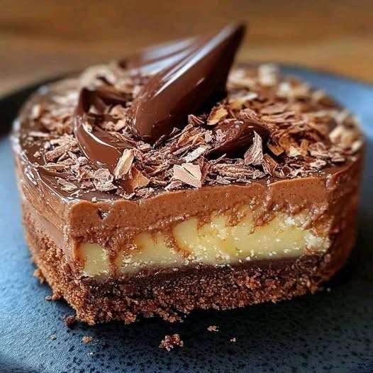 Part de gâteau crousti-fondant chocolat-poire sur une assiette, décorée de lamelles de poire et copeaux de chocolat.