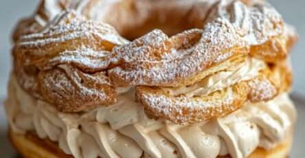 Paris-Brest traditionnel – Couronne de pâte à choux dorée, crème mousseline pralinée onctueuse, amandes effilées, sucre glace.