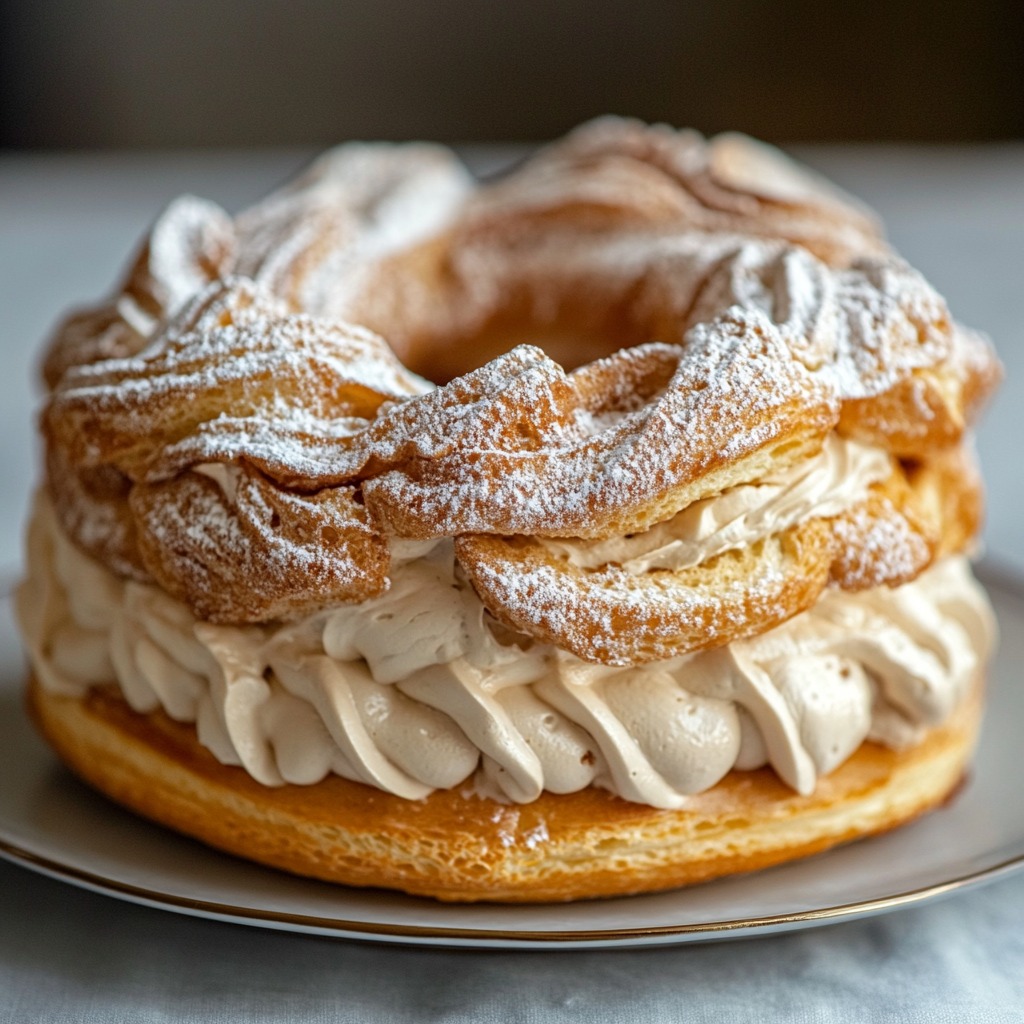 Paris-Brest traditionnel – Couronne de pâte à choux dorée, crème mousseline pralinée onctueuse, amandes effilées, sucre glace.