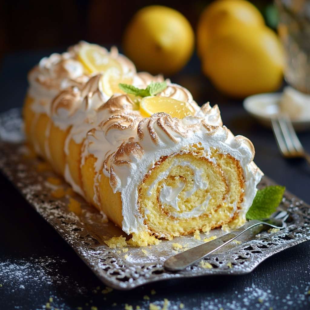 Gâteau roulé citron meringué doré, tranché, garni de crème au citron et recouvert de meringue gratinée, présenté sur un plat blanc.