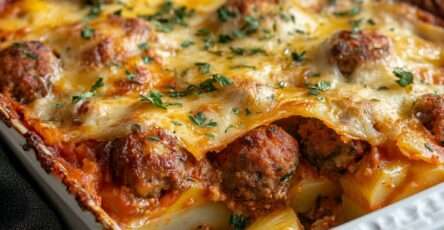 Gratin de pommes de terre et boulettes de viande – Plat familial gratiné au four avec boulettes moelleuses et pommes de terre fondantes, fromage doré.
