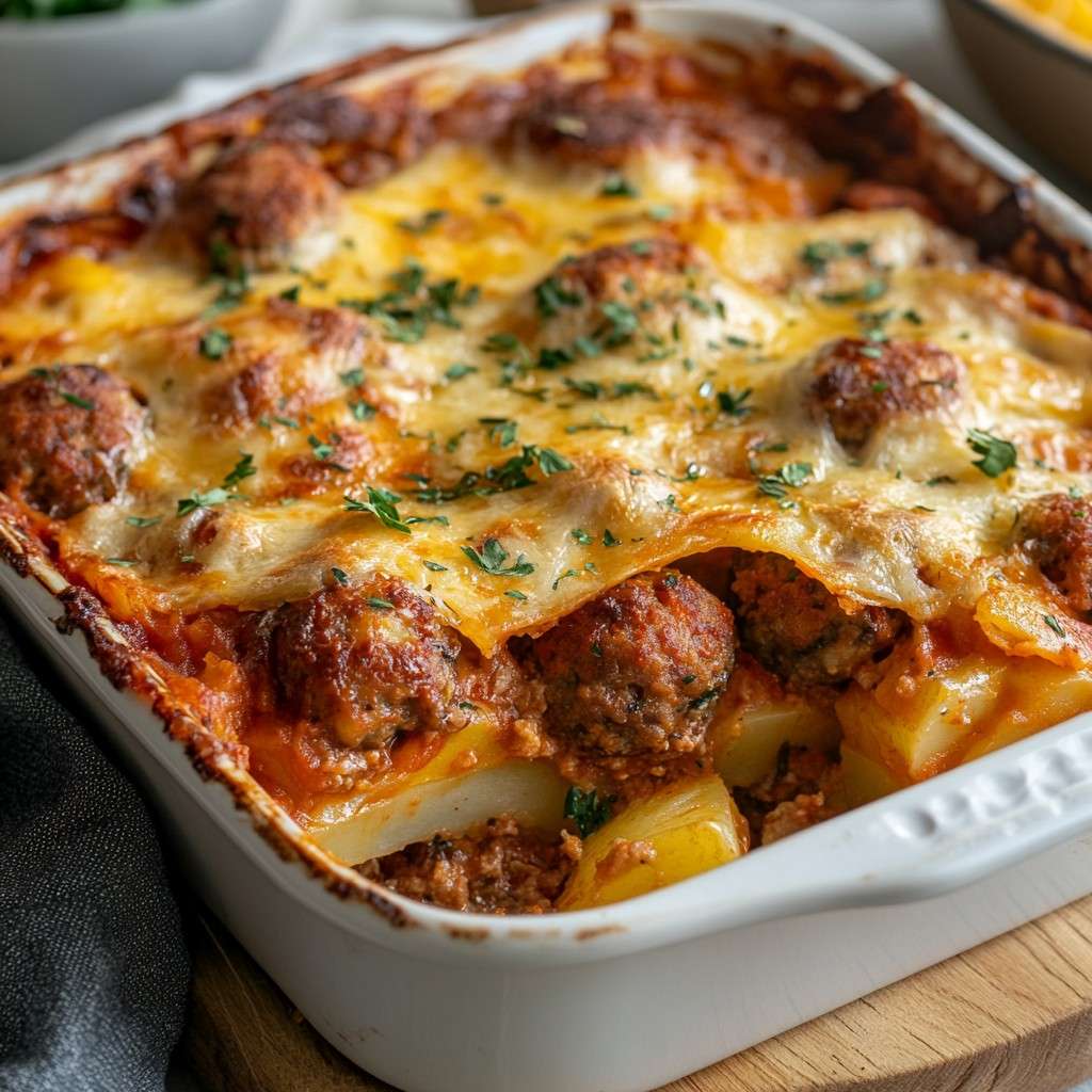 Gratin de pommes de terre et boulettes de viande – Plat familial gratiné au four avec boulettes moelleuses et pommes de terre fondantes, fromage doré.