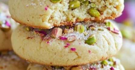 Biscuits persans pistache rose cardamome – Petits biscuits raffinés à la pistache, recouverts de sucre glace, pistaches hachées et pétales de rose.