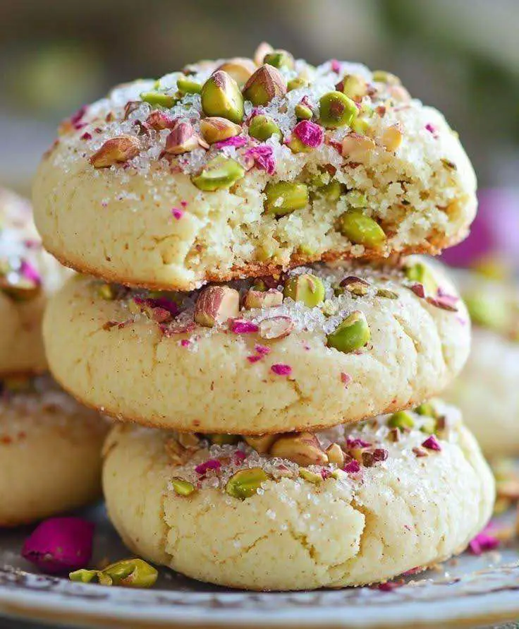 Biscuits persans pistache rose cardamome – Petits biscuits raffinés à la pistache, recouverts de sucre glace, pistaches hachées et pétales de rose.