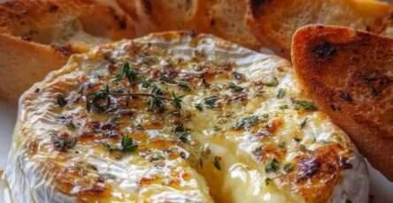 Camembert cuit épicé au miel et au thym – Fromage fondant au four, baguette grillée, thym frais, ail, miel pimenté, apéritif convivial.