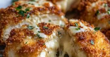 Blanc de poulet pané doré, coupé en deux laissant couler un cœur de fromage fondant, servi avec des herbes fraîches et une purée de pommes de terre sur une assiette rustique.