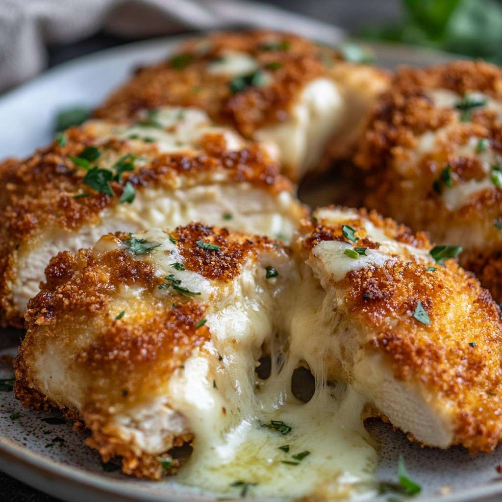 Blanc de poulet pané doré, coupé en deux laissant couler un cœur de fromage fondant, servi avec des herbes fraîches et une purée de pommes de terre sur une assiette rustique.
