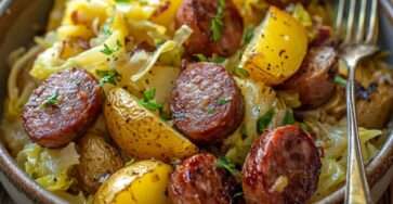 Poêlée de saucisse kielbasa fumée, pommes de terre fondantes et chou doré, servie chaude dans un grand plat familial, garnie de persil frais.