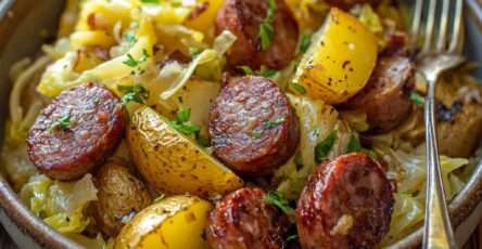 Poêlée de saucisse kielbasa fumée, pommes de terre fondantes et chou doré, servie chaude dans un grand plat familial, garnie de persil frais.