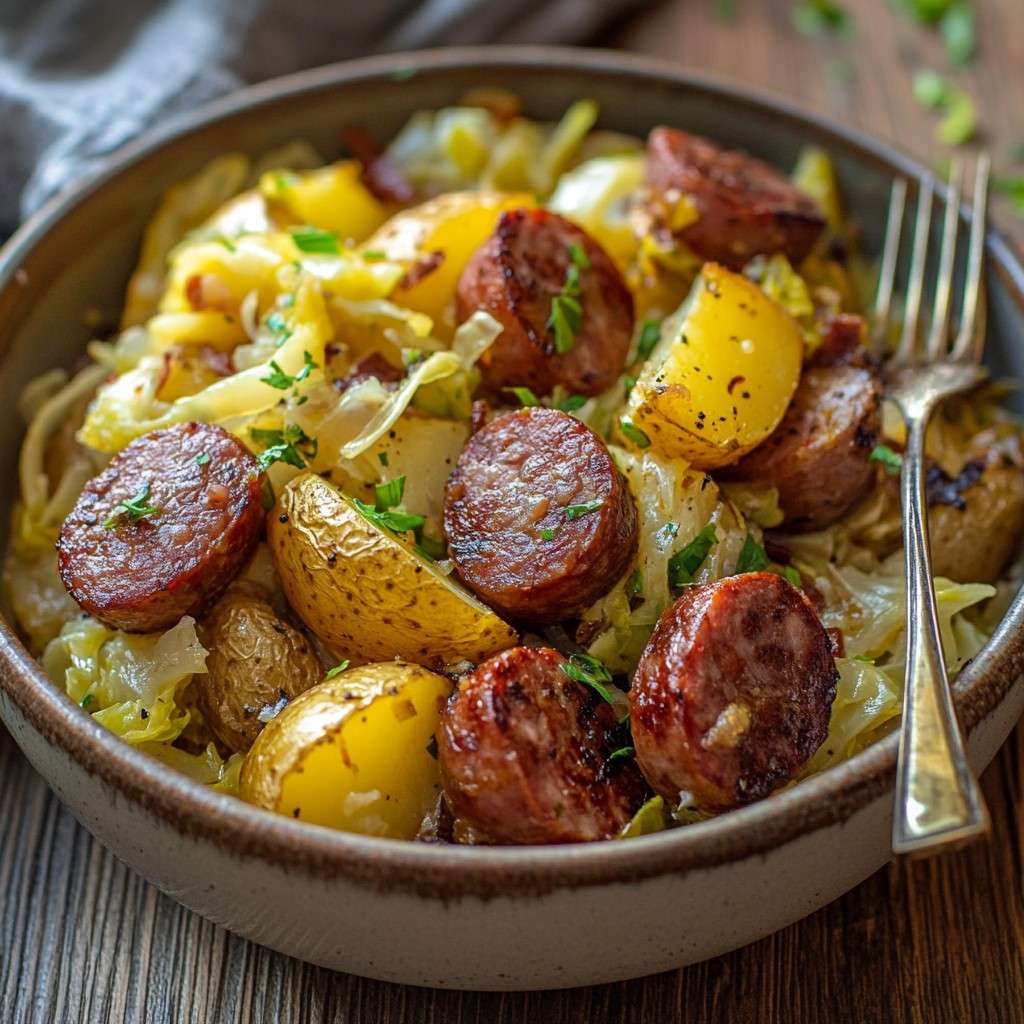 Poêlée de saucisse kielbasa fumée, pommes de terre fondantes et chou doré, servie chaude dans un grand plat familial, garnie de persil frais.