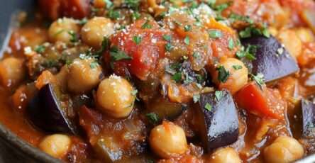 Ragoût d’aubergines et de pois chiches mijoté avec des tomates et du cumin.