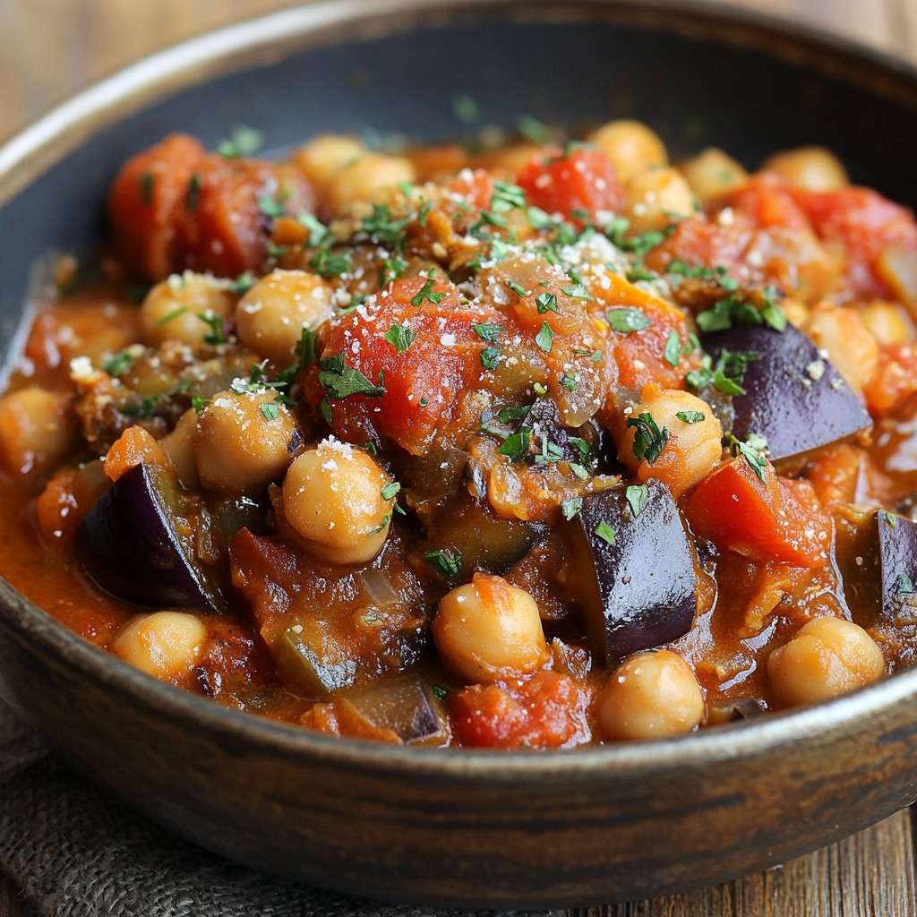 Ragoût d’aubergines et de pois chiches mijoté avec des tomates et du cumin.