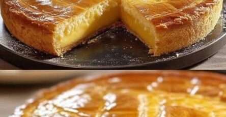 Gâteau basque doré, garni de crème pâtissière, présenté en parts sur une assiette blanche, décoré de croisillons traditionnels.