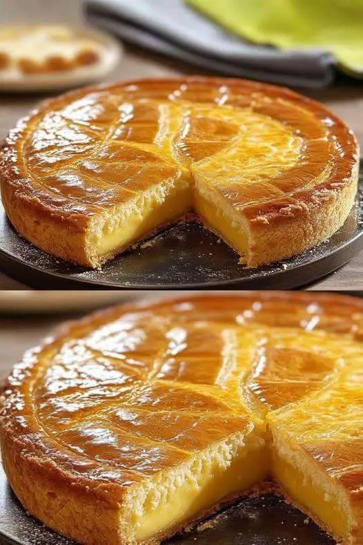 Gâteau basque doré, garni de crème pâtissière, présenté en parts sur une assiette blanche, décoré de croisillons traditionnels.
