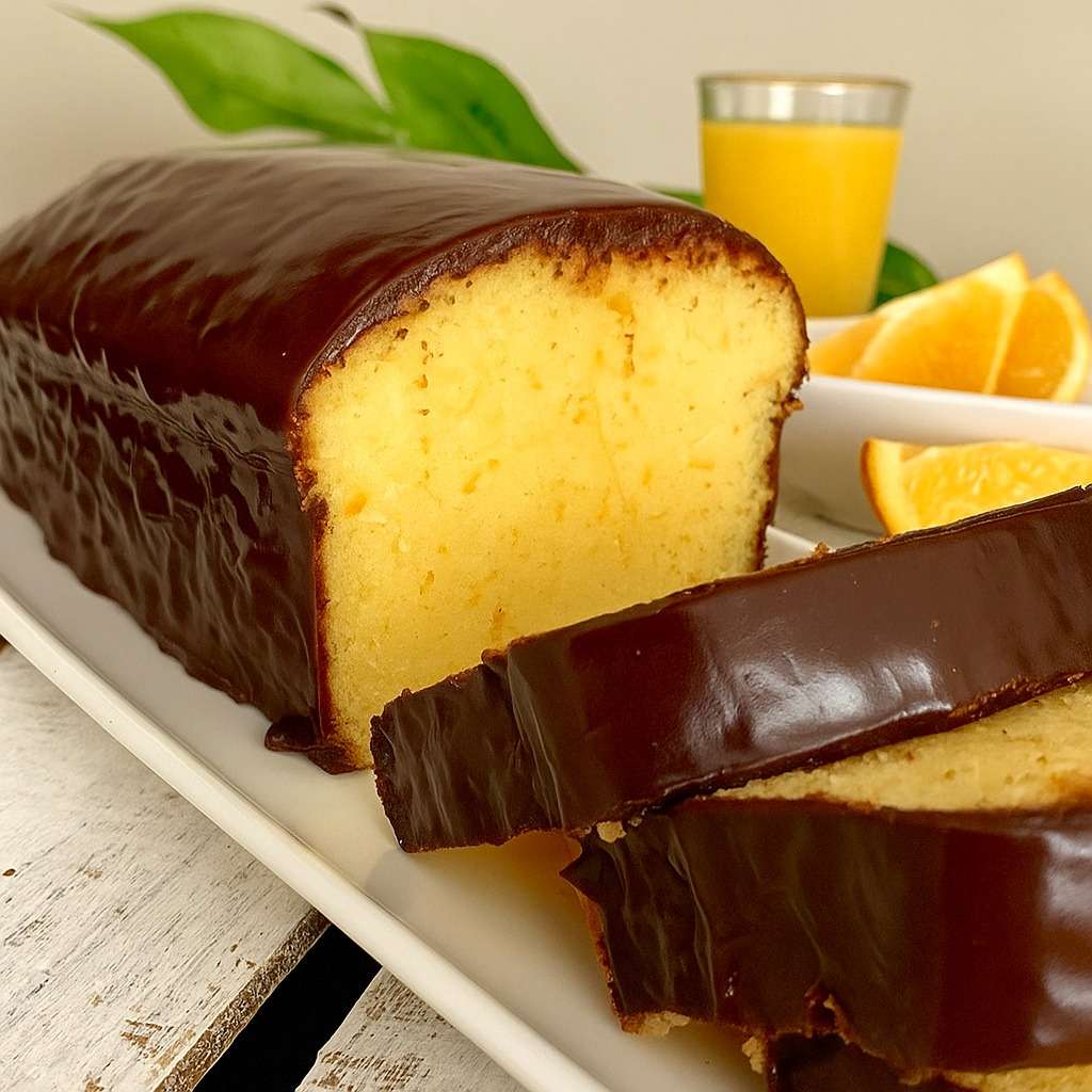 Gâteau à l’orange moelleux décoré de zestes et de rondelles d’orange.