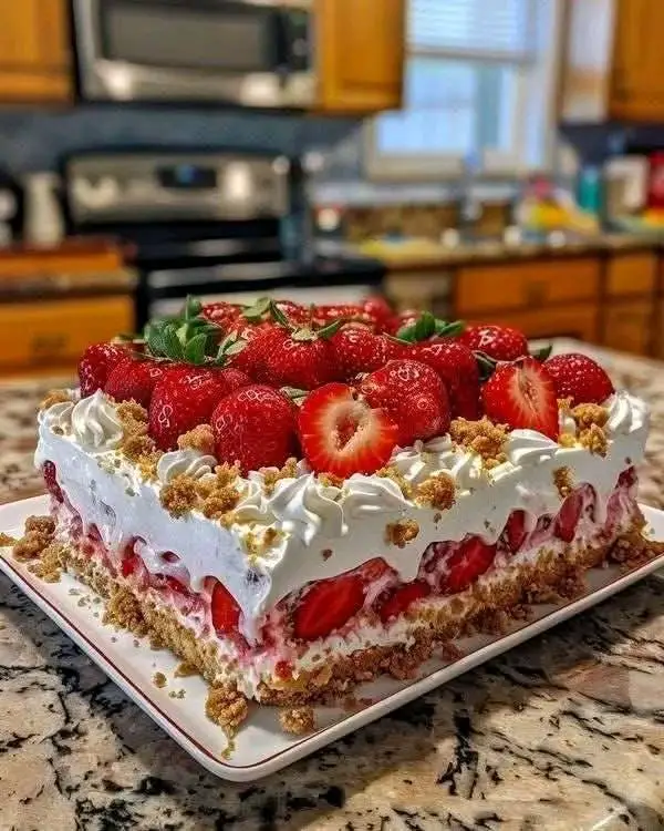 Gâteau aux fraises ultra moelleux recouvert de crème, de fraises fraîches et d’un crumble rose croquant, présenté en parts sur une assiette blanche.