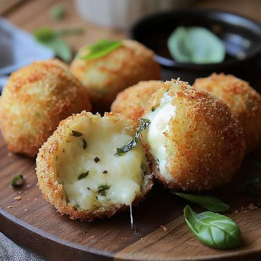 Croquettes de mozzarella dorées et croustillantes, coupées en deux, montrant leur cœur fondant, servies avec sauce tomate et feuilles de basilic frais.