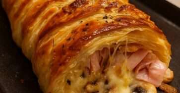 Tresse feuilletée dorée, tranchée, dévoilant une garniture crémeuse aux champignons et jambon, parsemée de graines et servie avec une salade verte.