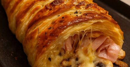 Tresse feuilletée dorée, tranchée, dévoilant une garniture crémeuse aux champignons et jambon, parsemée de graines et servie avec une salade verte.
