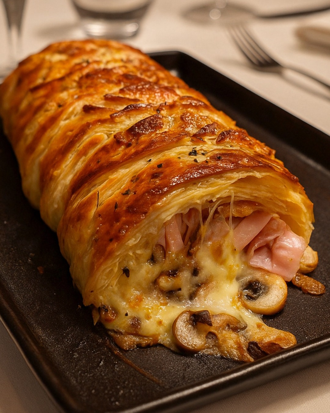 Tresse feuilletée dorée, tranchée, dévoilant une garniture crémeuse aux champignons et jambon, parsemée de graines et servie avec une salade verte.