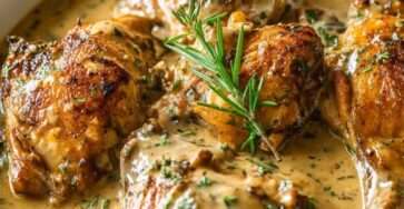 Photo d’un plat de poulet crémeux aux herbes servi avec une sauce onctueuse et des herbes fraîches.