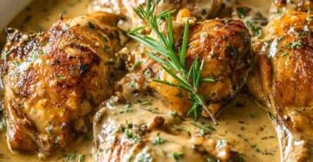 Photo d’un plat de poulet crémeux aux herbes servi avec une sauce onctueuse et des herbes fraîches.