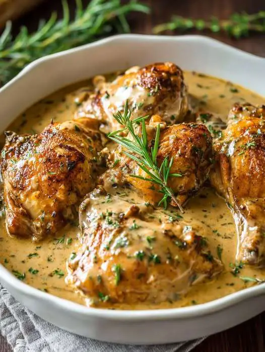 Photo d’un plat de poulet crémeux aux herbes servi avec une sauce onctueuse et des herbes fraîches.
