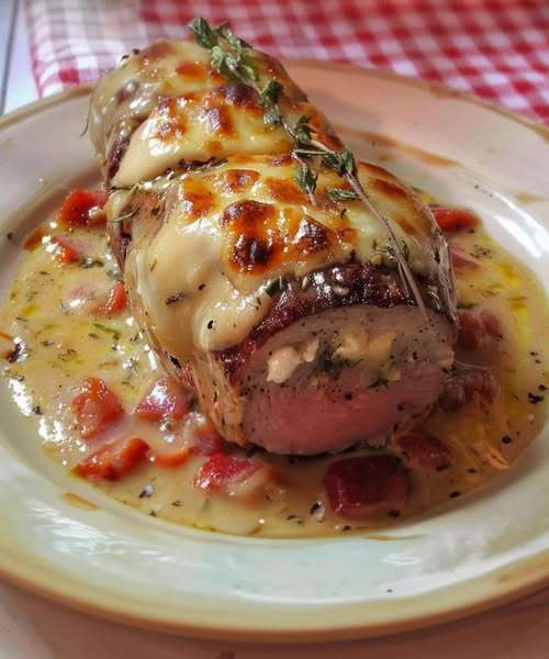 Filet mignon de porc au Boursin gratiné, nappé de sauce crémeuse, coupé en tranches et servi chaud avec pommes de terre rôties.