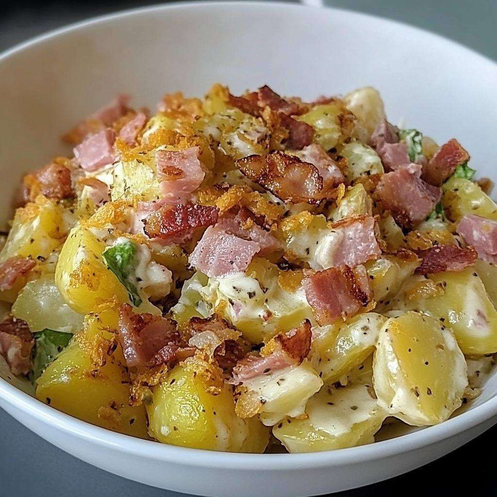 Salade tiède de pommes de terre avec bacon croustillant et oignons frits.