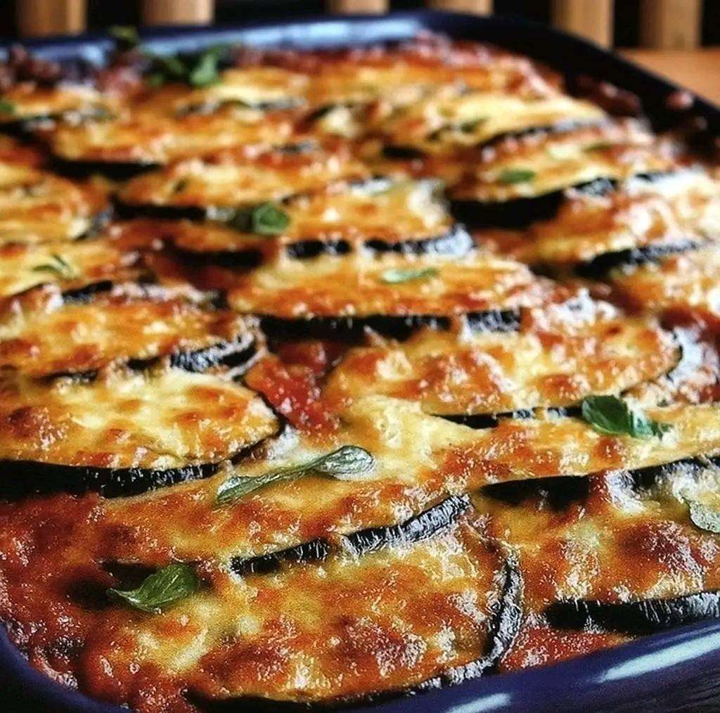 Délicieux gratin d’aubergines à l’italienne, fondant, doré, recouvert de fromage et de basilic frais.