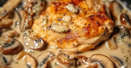Assiette de poulet crémeux aux champignons et à la moutarde, servi avec riz et persil frais.