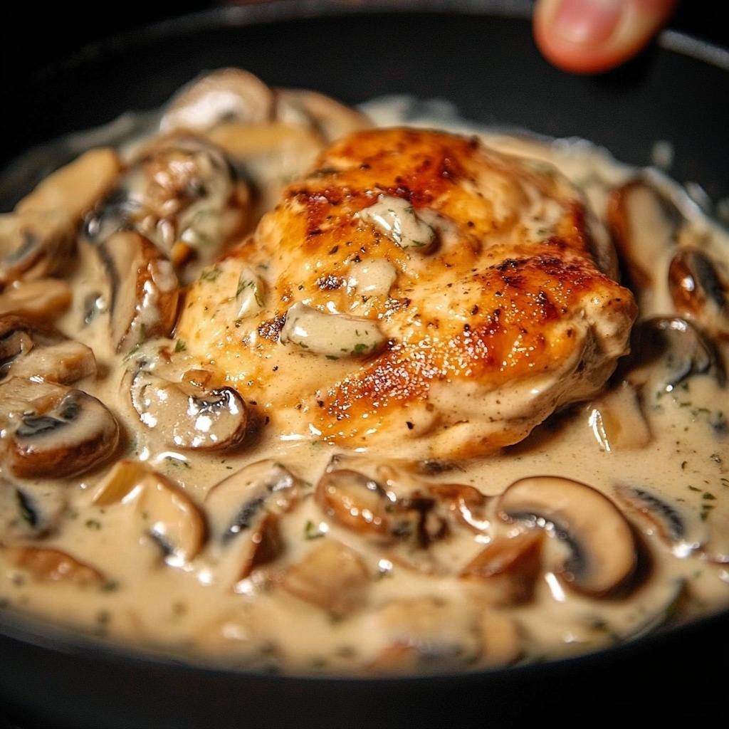 Assiette de poulet crémeux aux champignons et à la moutarde, servi avec riz et persil frais.