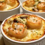 cassolette de Saint-Jacques aux crevettes servie en porcelaine