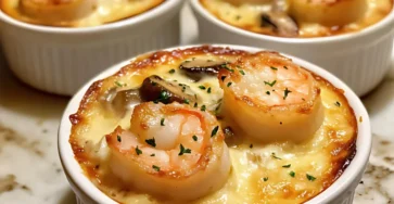 cassolette de Saint-Jacques aux crevettes servie en porcelaine