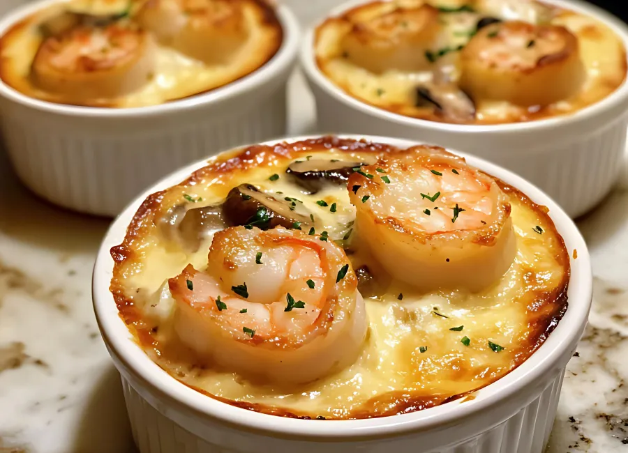 cassolette de Saint-Jacques aux crevettes servie en porcelaine