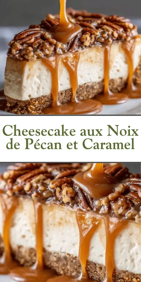Cheesecake crémeux garni de noix de pécan grillées et nappé de caramel doré, servi sur une base biscuitée croustillante.