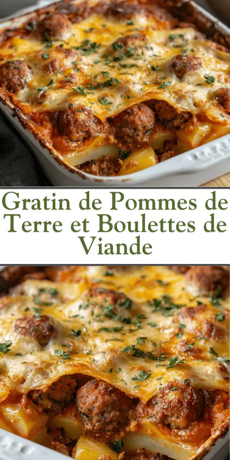 Gratin de pommes de terre et boulettes de viande – Plat familial gratiné au four avec boulettes moelleuses et pommes de terre fondantes, fromage doré.