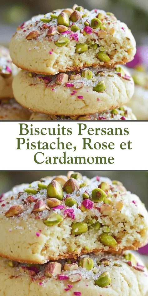 Biscuits persans pistache rose cardamome – Petits biscuits raffinés à la pistache, recouverts de sucre glace, pistaches hachées et pétales de rose.