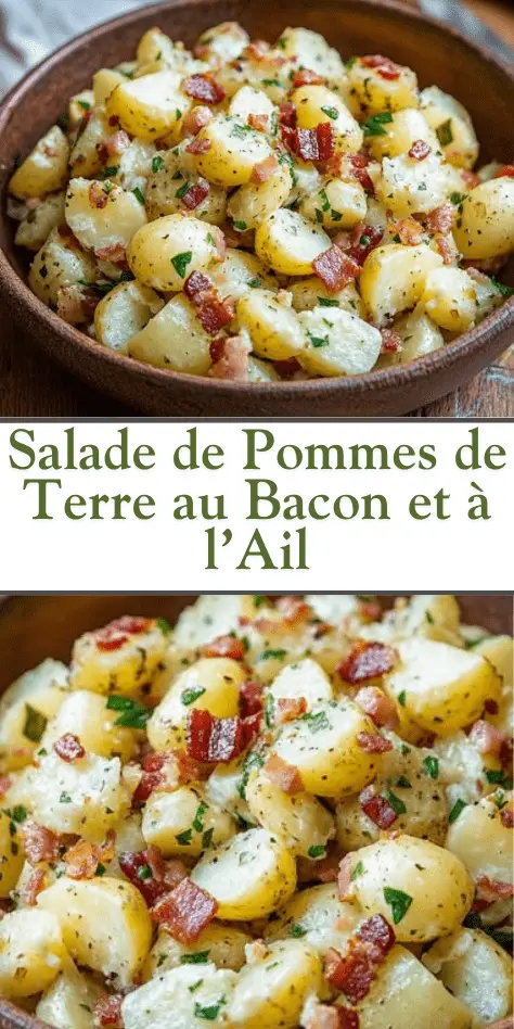 Salade de pommes de terre au bacon et à l’ail – Rondelles de pommes de terre tièdes, lardons croustillants, persil frais, ail doré et vinaigrette maison.
