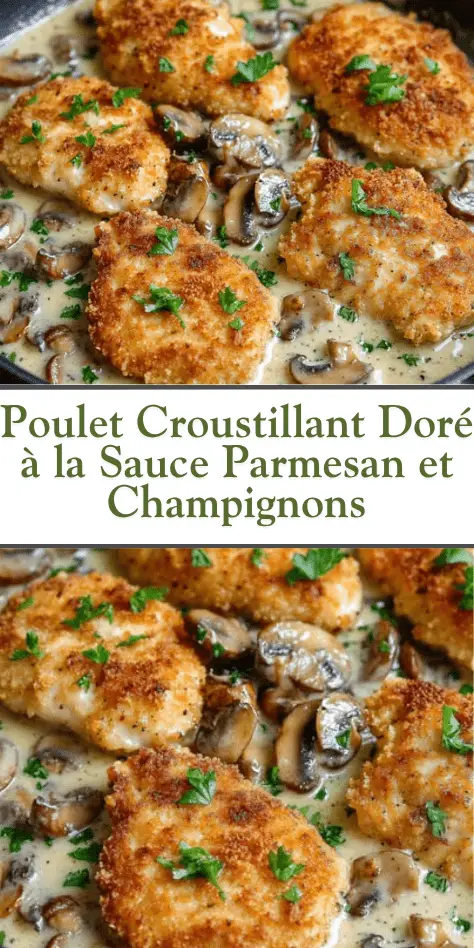 Poulet croustillant doré sauce parmesan et champignons – Escalopes panées dorées, sauce crémeuse aux champignons et parmesan, persil frais, assiette gourmande.