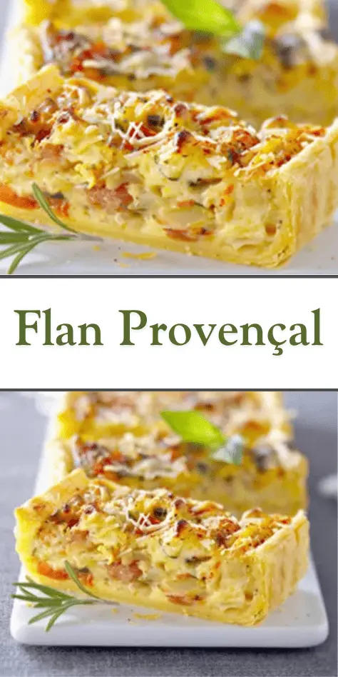 Flan provençal – Tarte salée dorée, légumes méditerranéens, courgettes, tomates cerises, crème, gruyère, part gourmande sur fond rustique.
