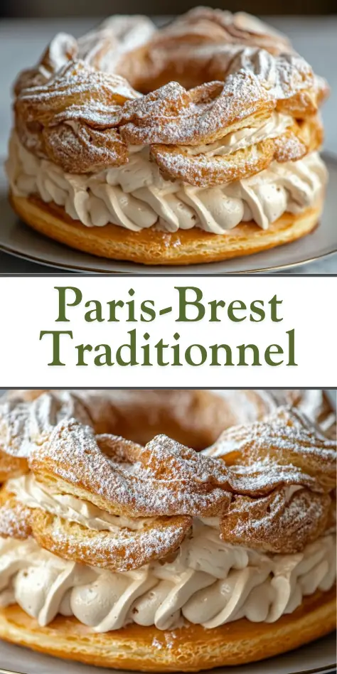 Paris-Brest traditionnel – Couronne de pâte à choux dorée, crème mousseline pralinée onctueuse, amandes effilées, sucre glace.