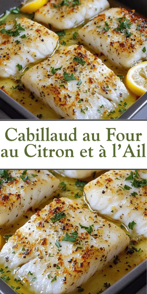 Cabillaud au four au citron et à l’ail – Filet de cabillaud doré, sauce citron-ail, rondelles de citron, persil frais, plat sain et léger.