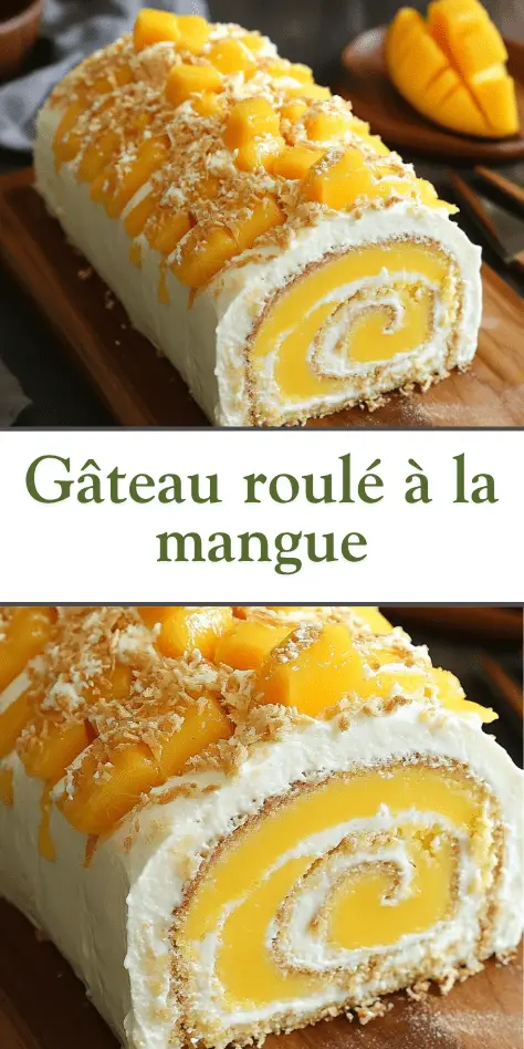 Gâteau roulé à la mangue tranché, garni de crème à la mangue, décoré de lamelles de mangue fraîche et de feuilles de menthe sur une assiette blanche.