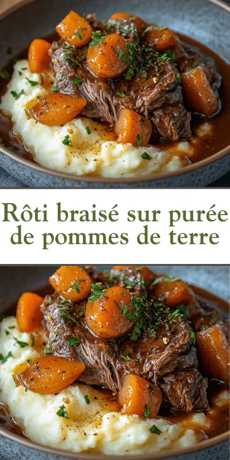 Assiette généreuse de rôti braisé effiloché, nappé de sauce aux légumes, sur lit de purée de pommes de terre, décorée de thym frais.